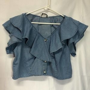 Sitting Pretty of California Crop Top Ruffle L Vintage Denim Blue Jean